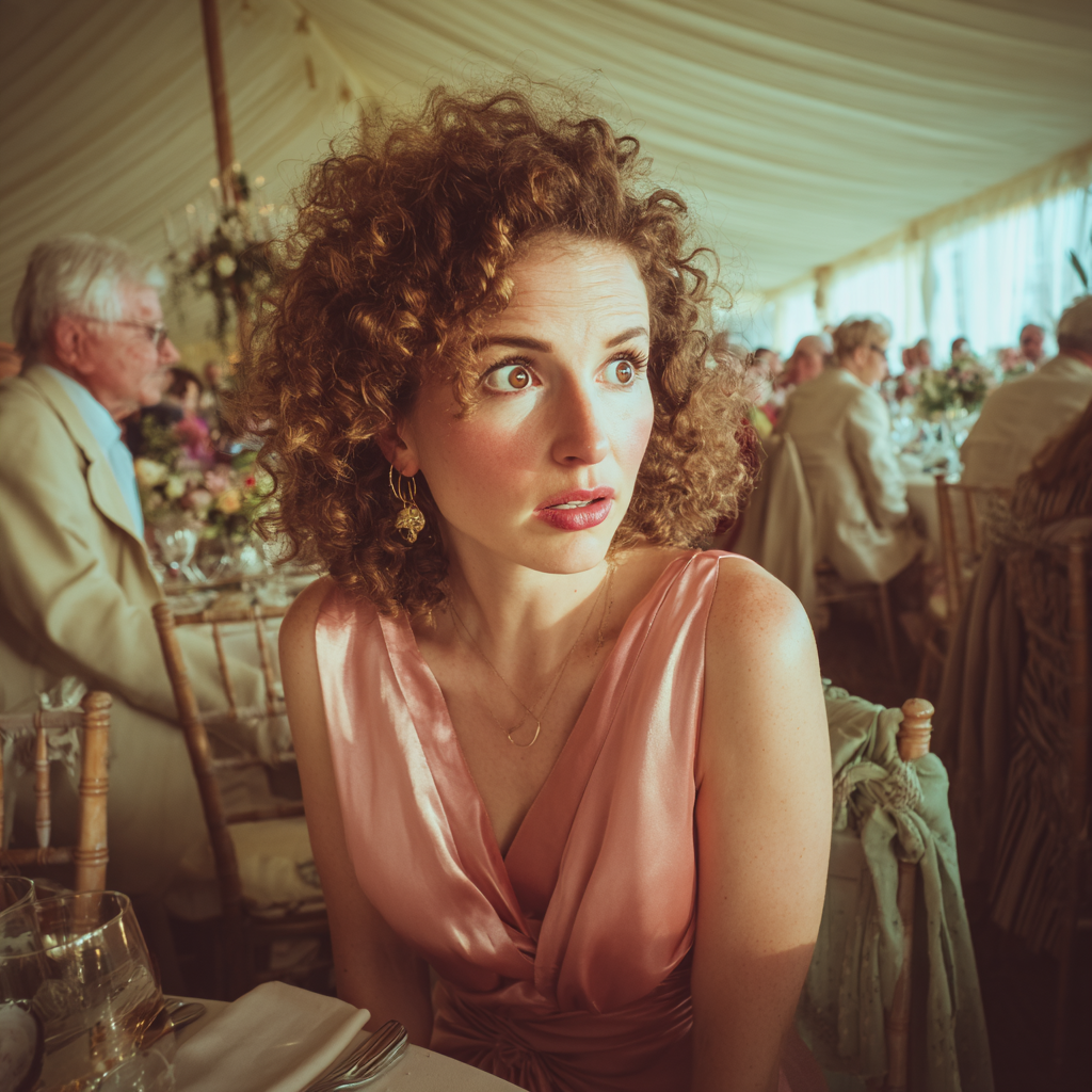 Una invitada sorprendida en una boda | Fuente: Midjourney
