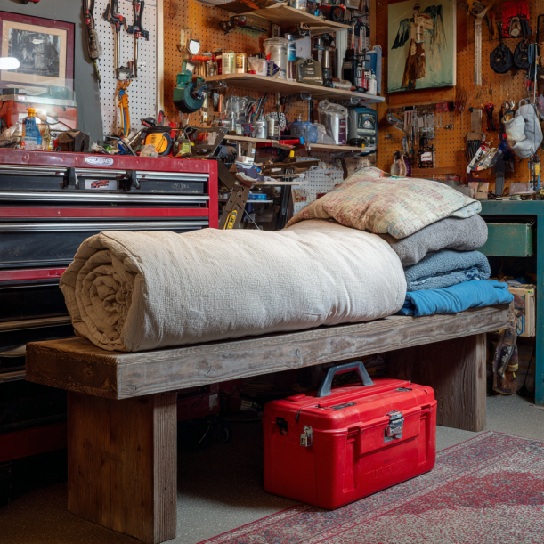 Una manta, una almohada, una caja de herramientas roja y un banco en un garaje | Fuente: Midjourney