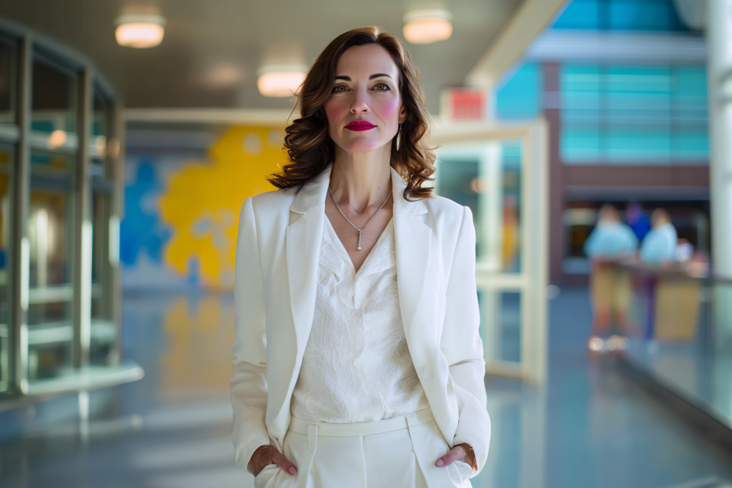 Una mujer con chaqueta blanca en el pasillo de un hospital | Fuente: Midjourney