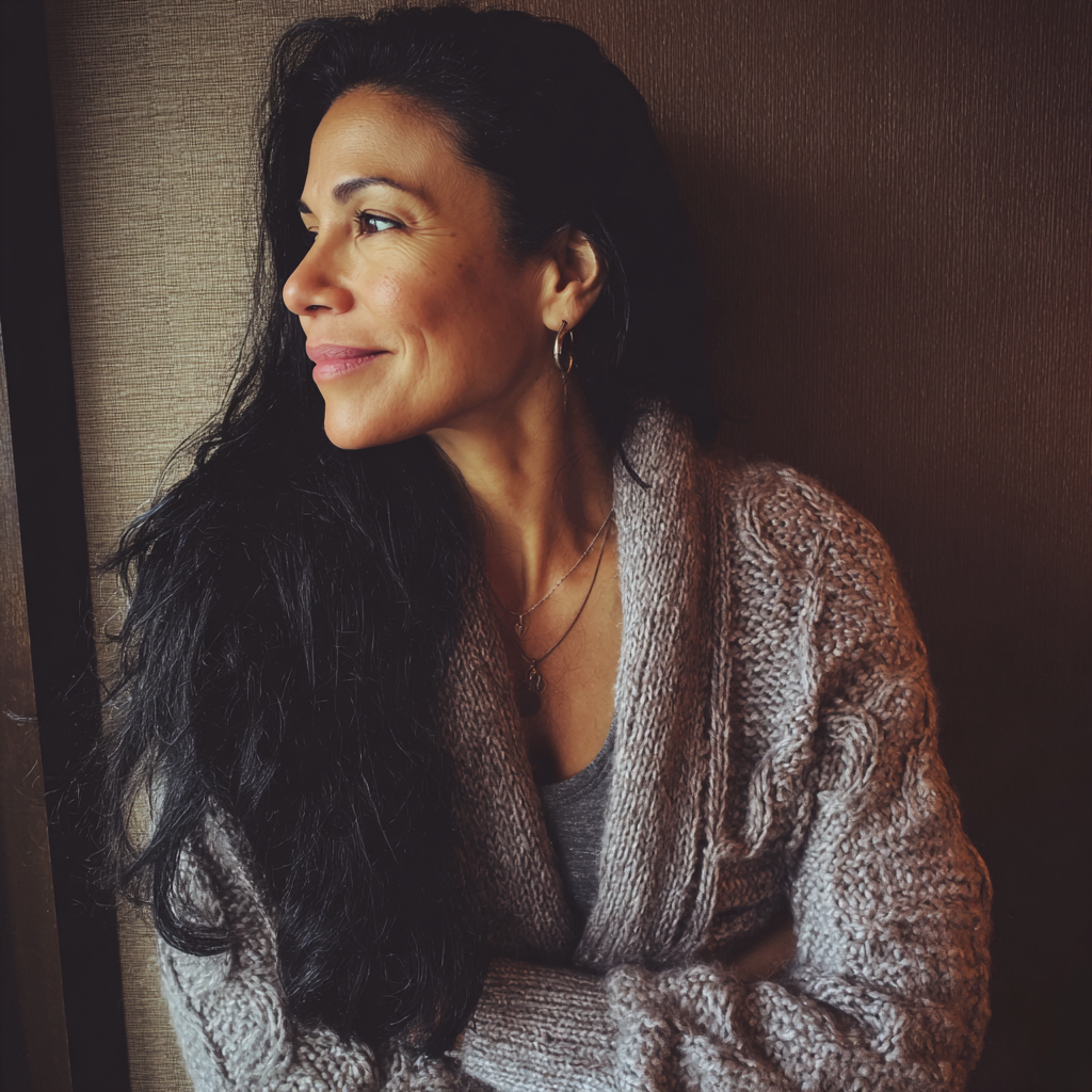 Una mujer sonriente con una suéter gris | Fuente: Midjourney