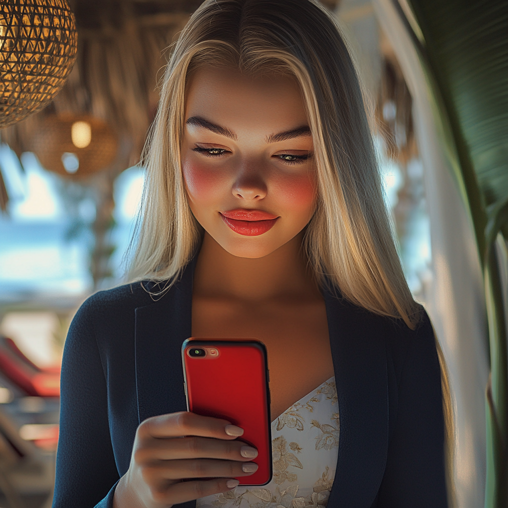 Una mujer mirando su teléfono y sonriendo | Fuente: Midjourney