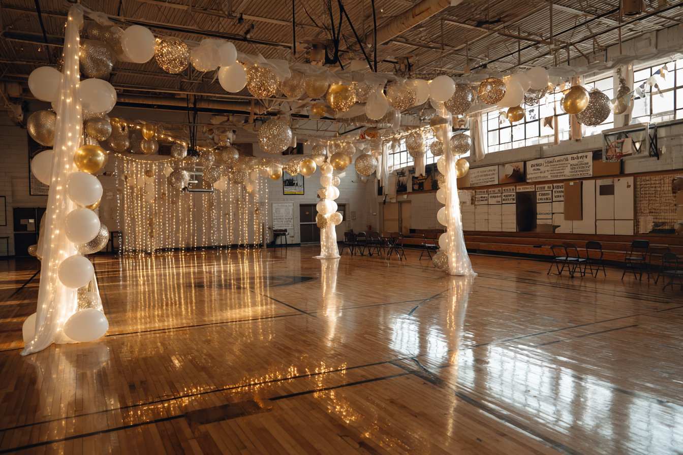 Un gimnasio escolar decorado para el baile de graduación | Fuente: Midjourney