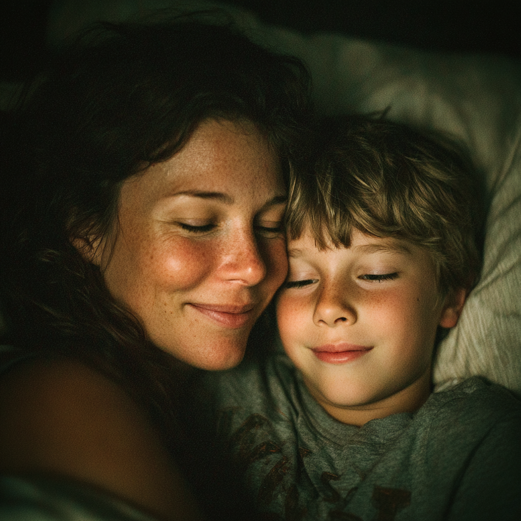 Una madre abrazando a su hijo en la cama | Fuente: Midjourney