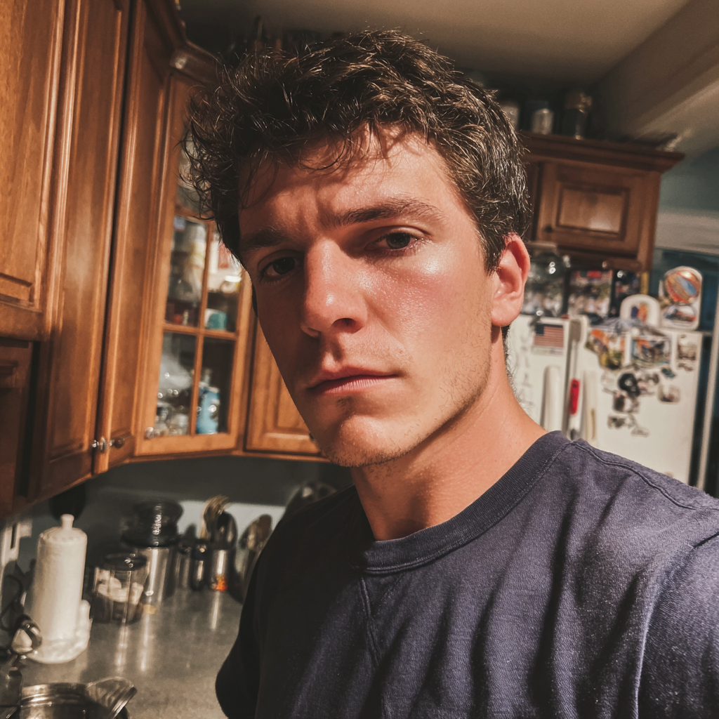 Un hombre molesto de pie en una cocina | Fuente: Midjourney