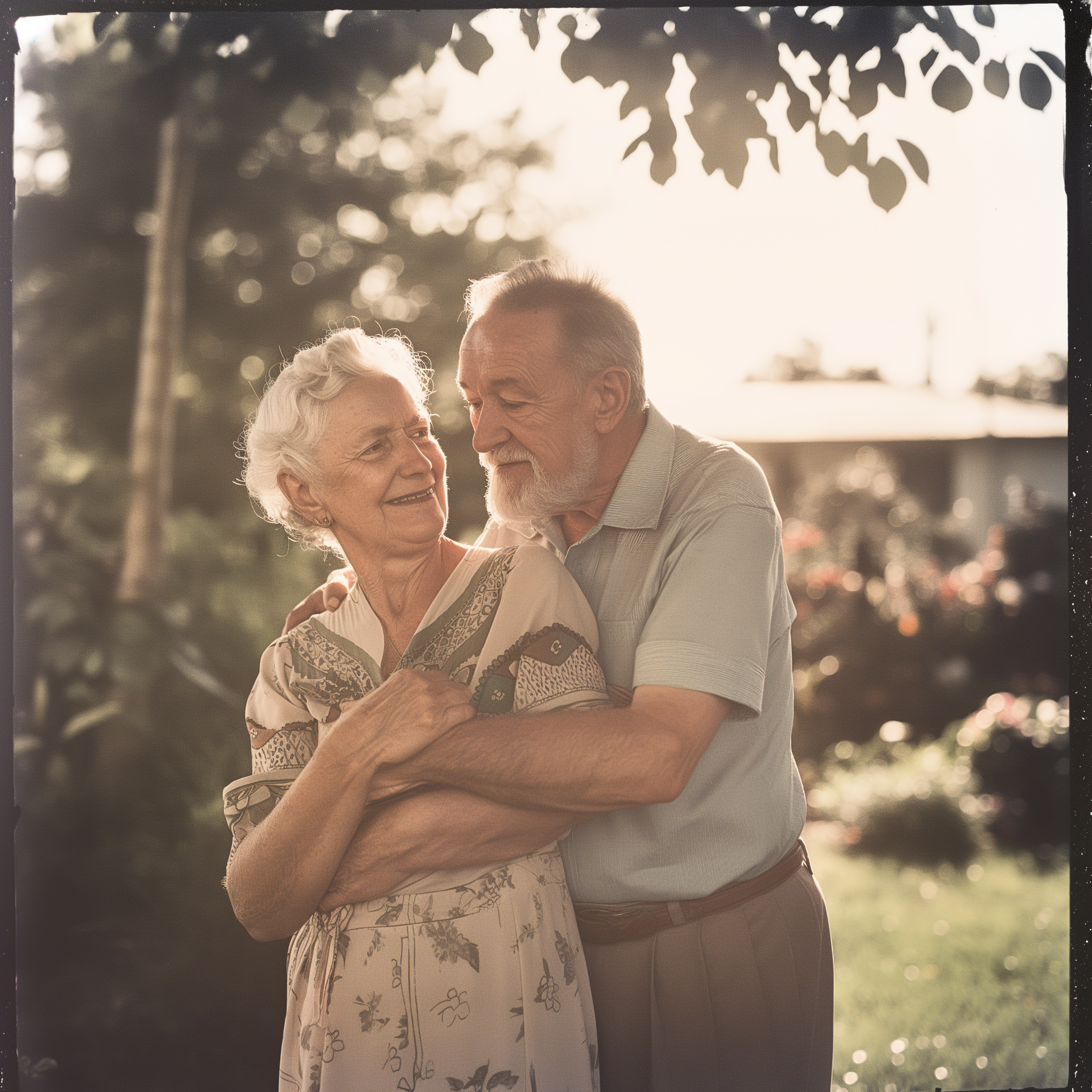 Una cariñosa pareja de ancianos abrazándose al aire libre | Fuente: Midjourney
