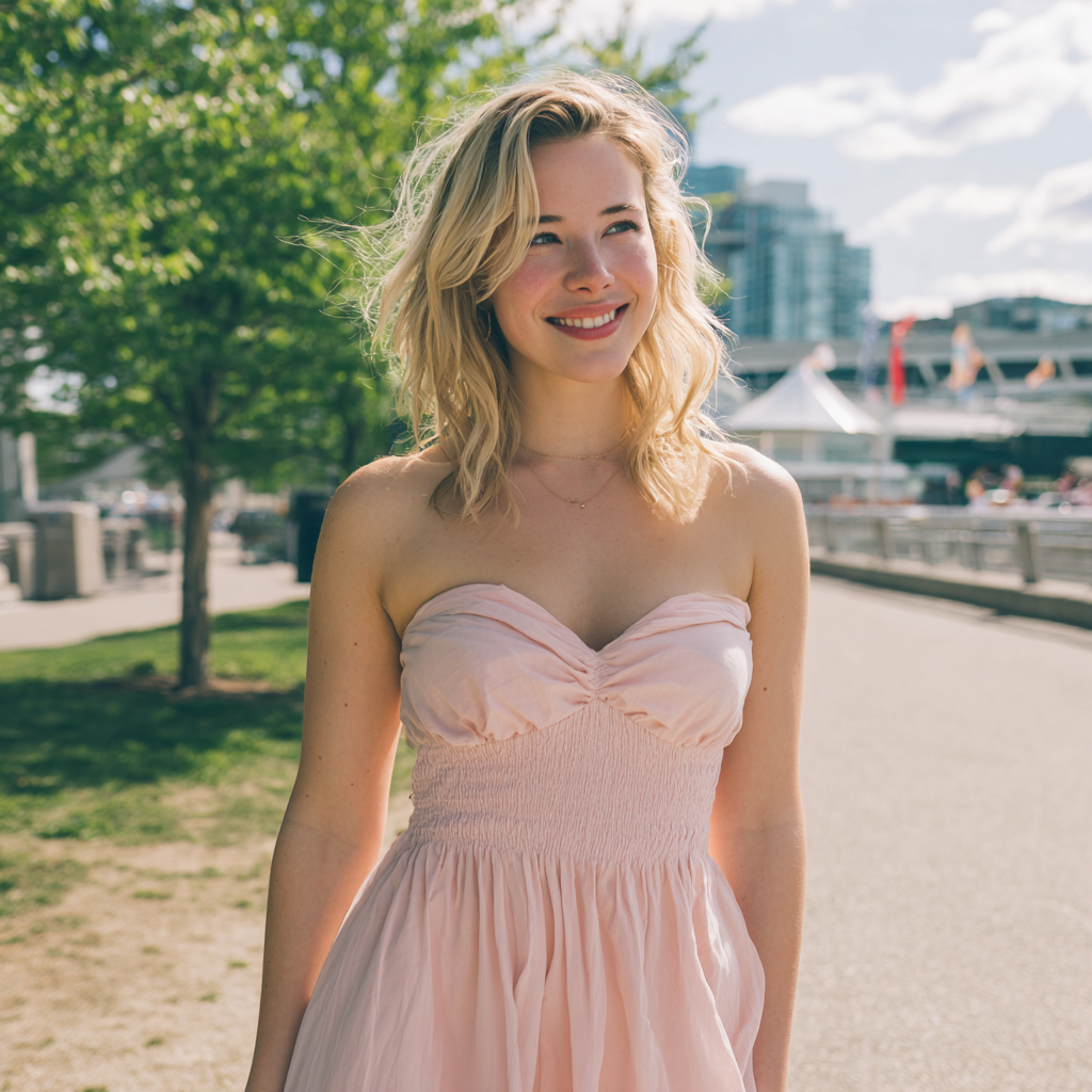 Una mujer sonriente en el exterior | Fuente: Midjourney