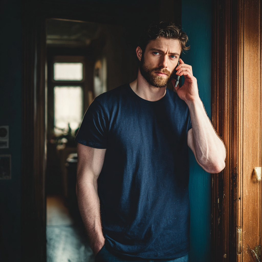 Un hombre de pie en un pasillo y hablando por teléfono | Fuente: Midjourney