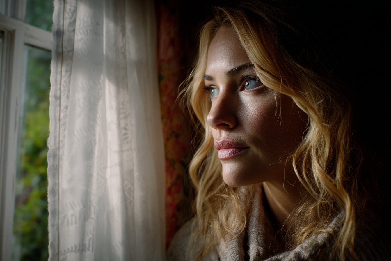 Una mujer mirando por la ventana | Fuente: Midjourney