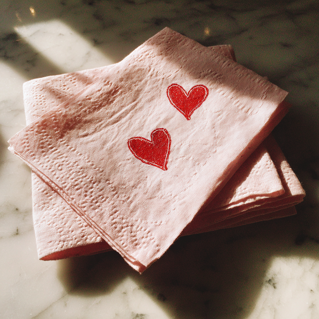 Corazones rojos sobre una servilleta rosa | Fuente: Midjourney