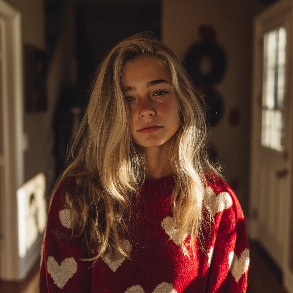 Una chica emocional con un suéter rojo | Fuente: Midjourney