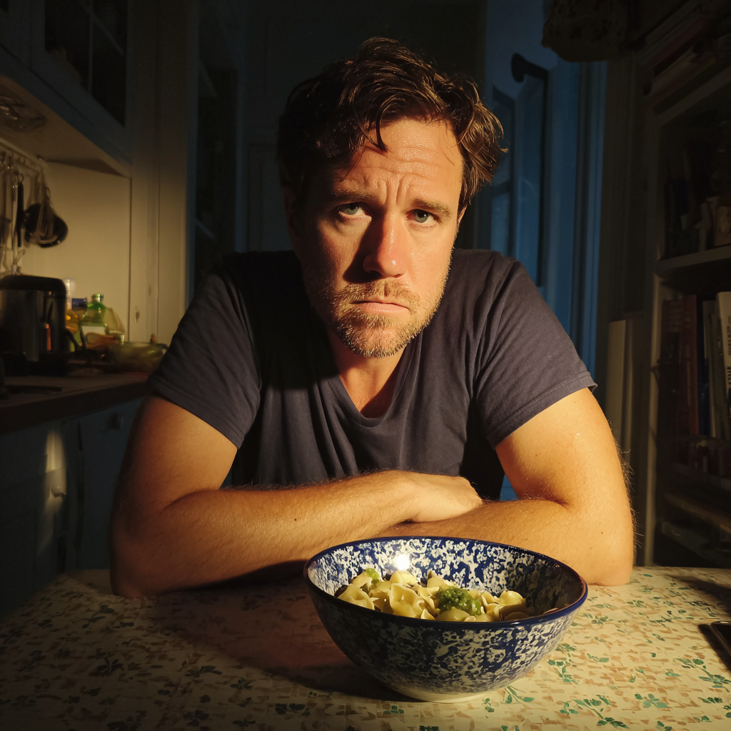 Un hombre molesto sentado a una mesa | Fuente: Midjourney