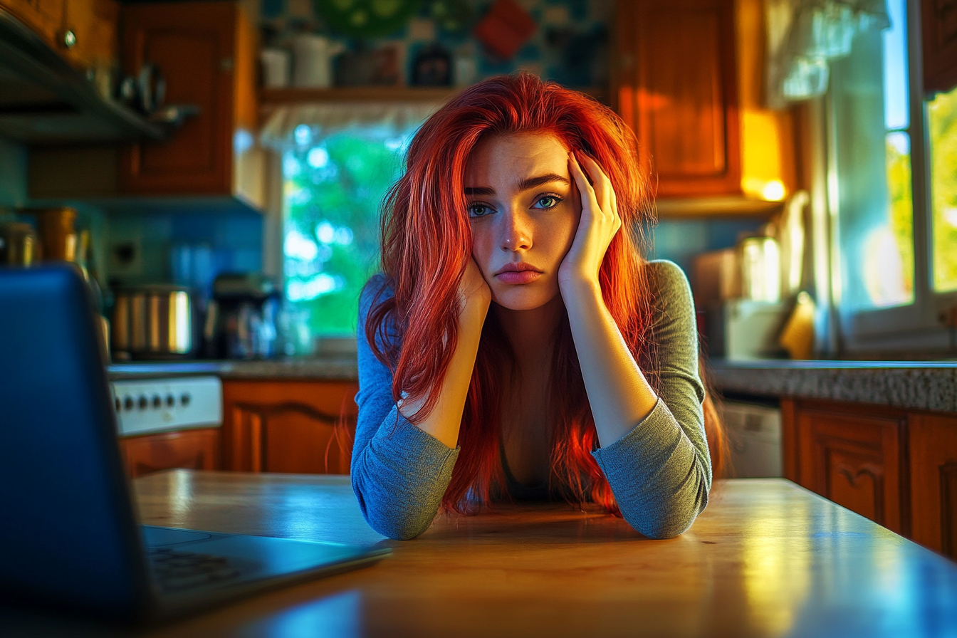 Una mujer sentada con la cabeza entre las manos | Fuente: Midjourney