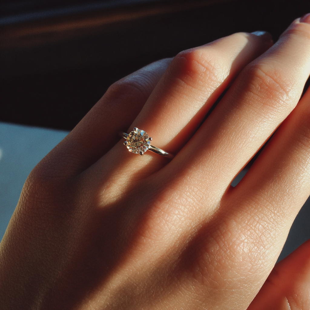 Un anillo de compromiso en la mano de una mujer | Fuente: Midjourney