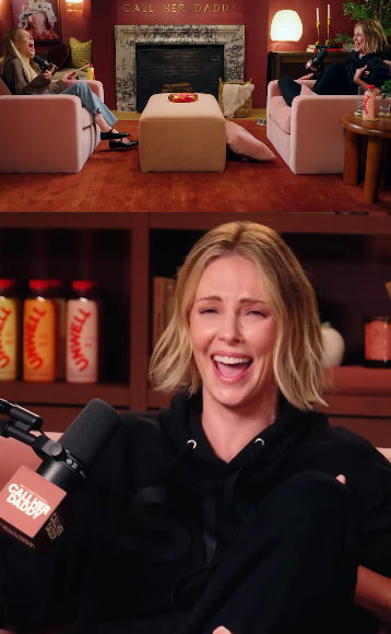 Charlize Theron y Alex Cooper riendo en el adelanto del episodio del pódcast "Call Her Daddy", fechado el 1 de julio de 2025 | Fuente: Instagram/callherdaddy