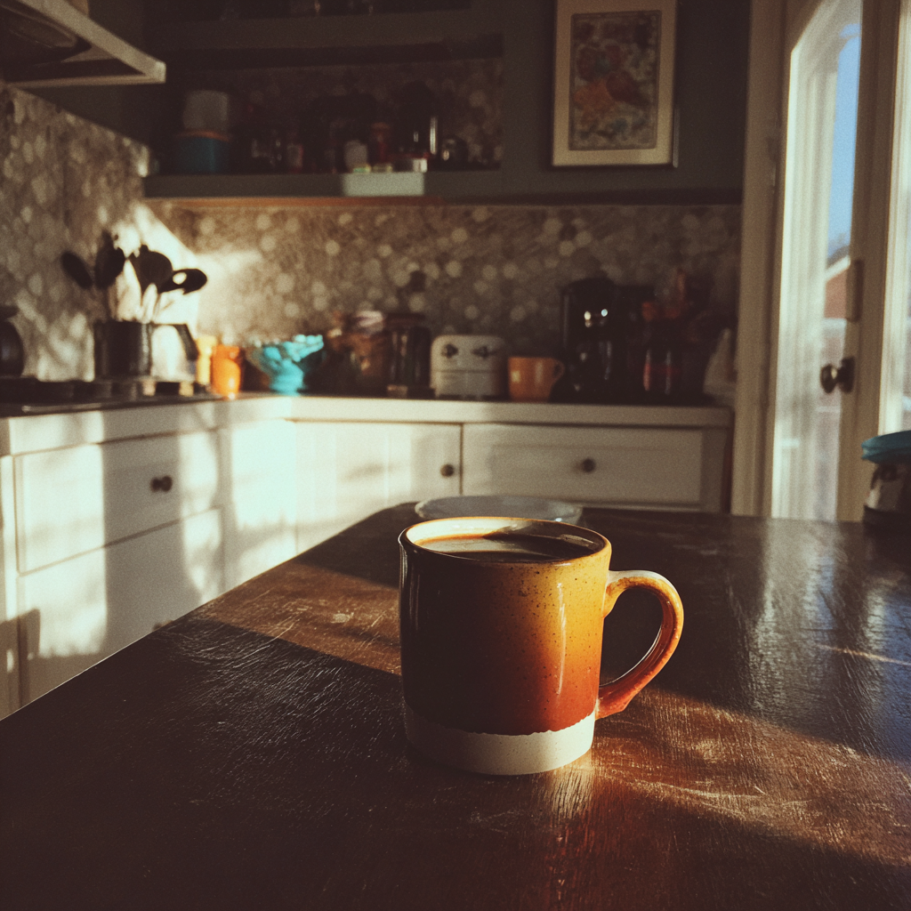 Una taza de café en la mesa de la cocina | Fuente: Midjourney