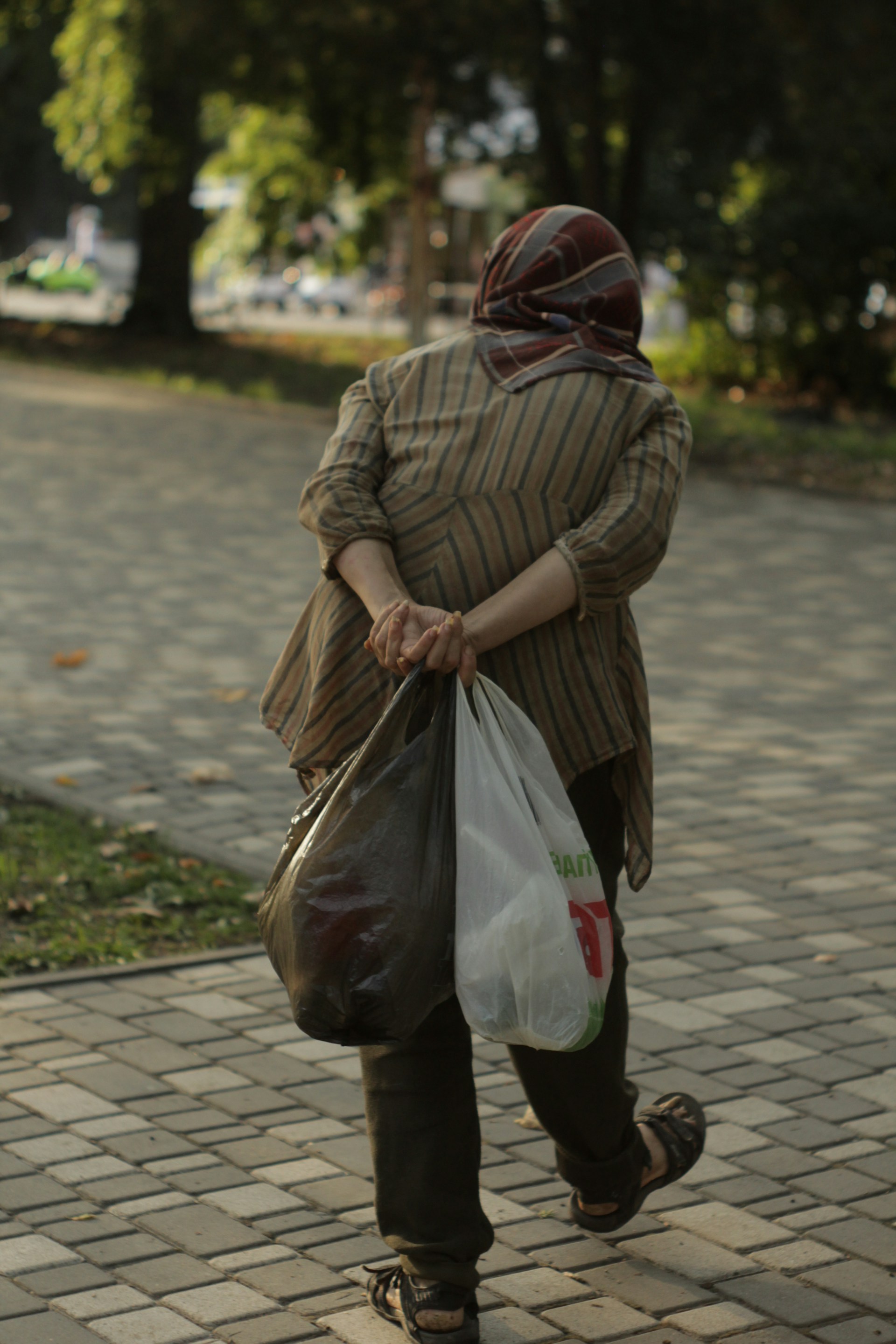 Una mujer mayor lleva dos bolsas de plástico y camina por la calle | Fuente: Unsplash