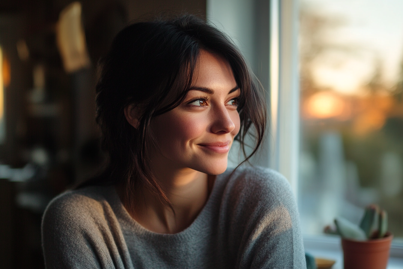 Una mujer con una sonrisa de suficiencia mirando por una ventana | Fuente: Midjourney
