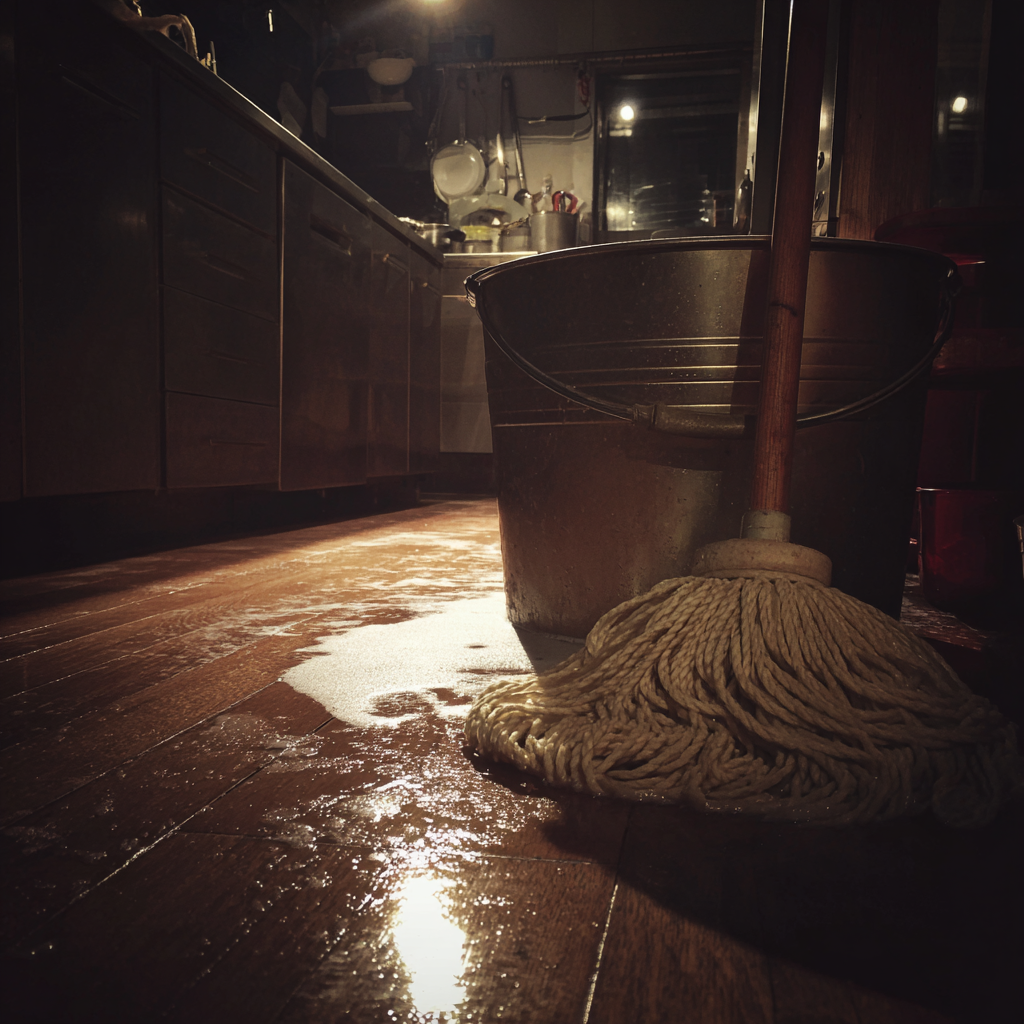 Una mopa y un cubo de agua en una cocina | Fuente: Midjourney