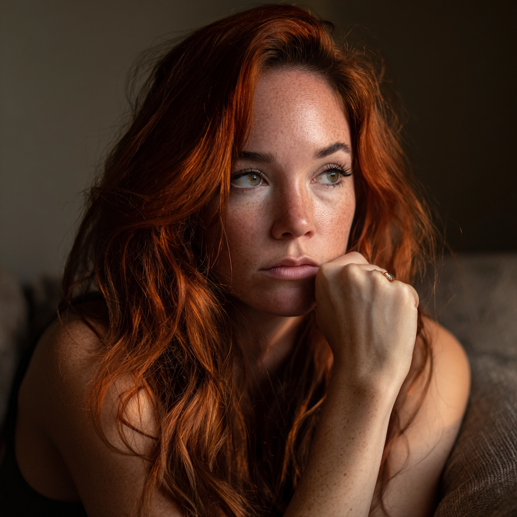 Una mujer pensativa sentada en un sofá | Fuente: Midjourney