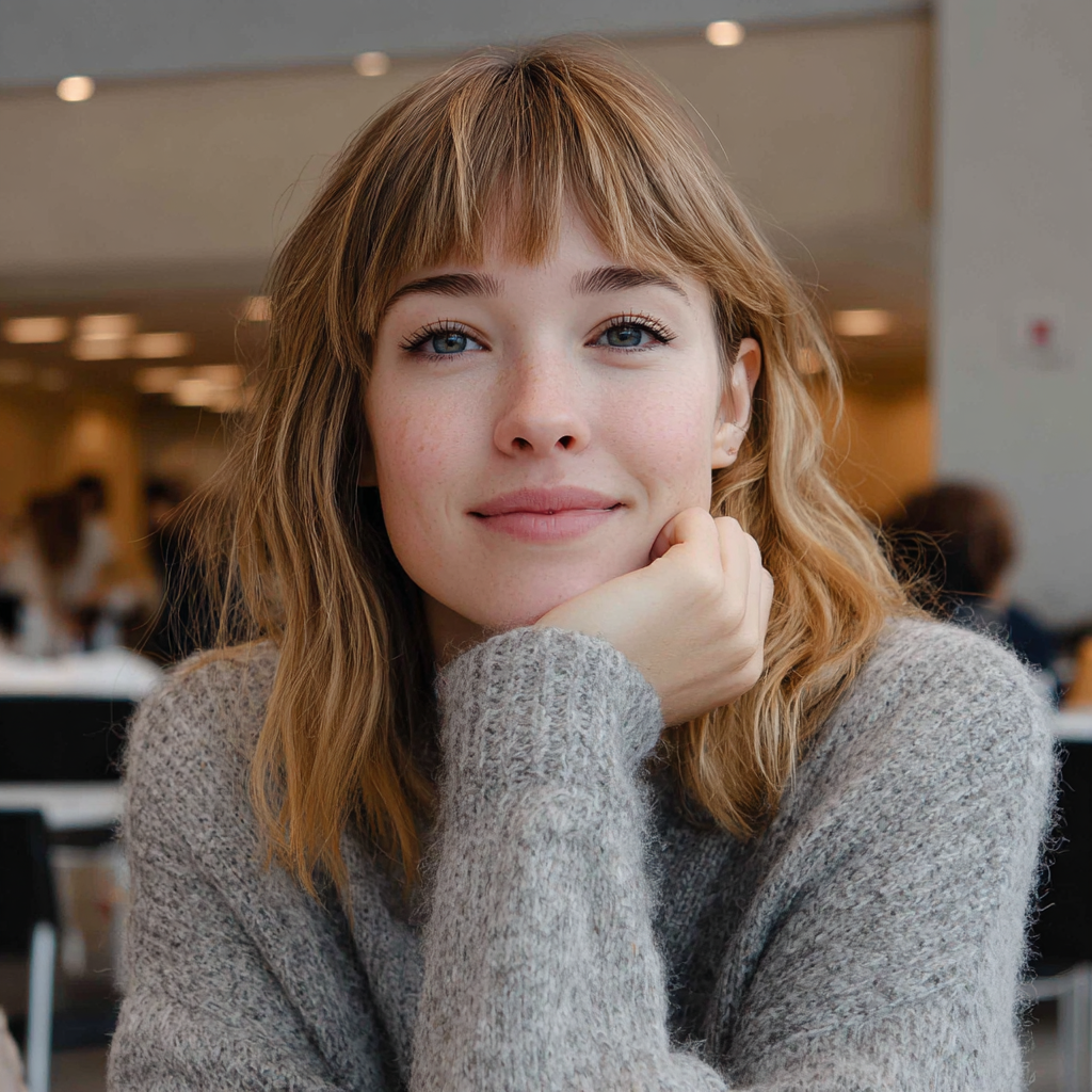 Una mujer sonriente con un suéter gris | Fuente: Midjourney