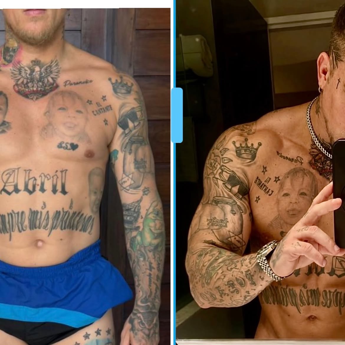 Fotos comparativas del antes y el después de El Polaco, publicadas por su entrenadora, Soledad Cristiano | Fuente: Instagram/soledadcristiano