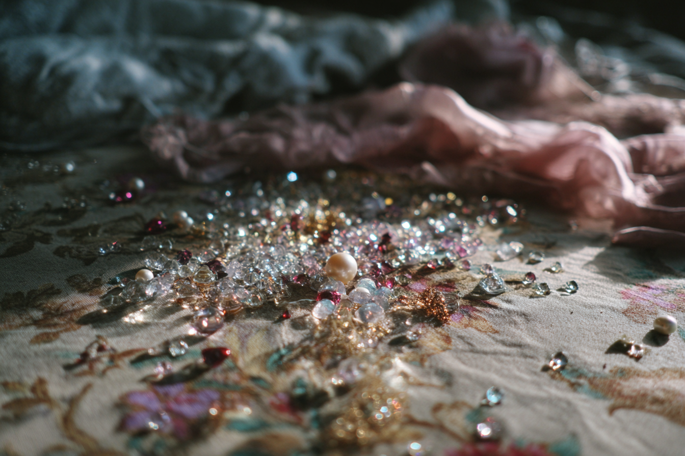 Abalorios y cristales en la alfombra | Fuente: Midjourney