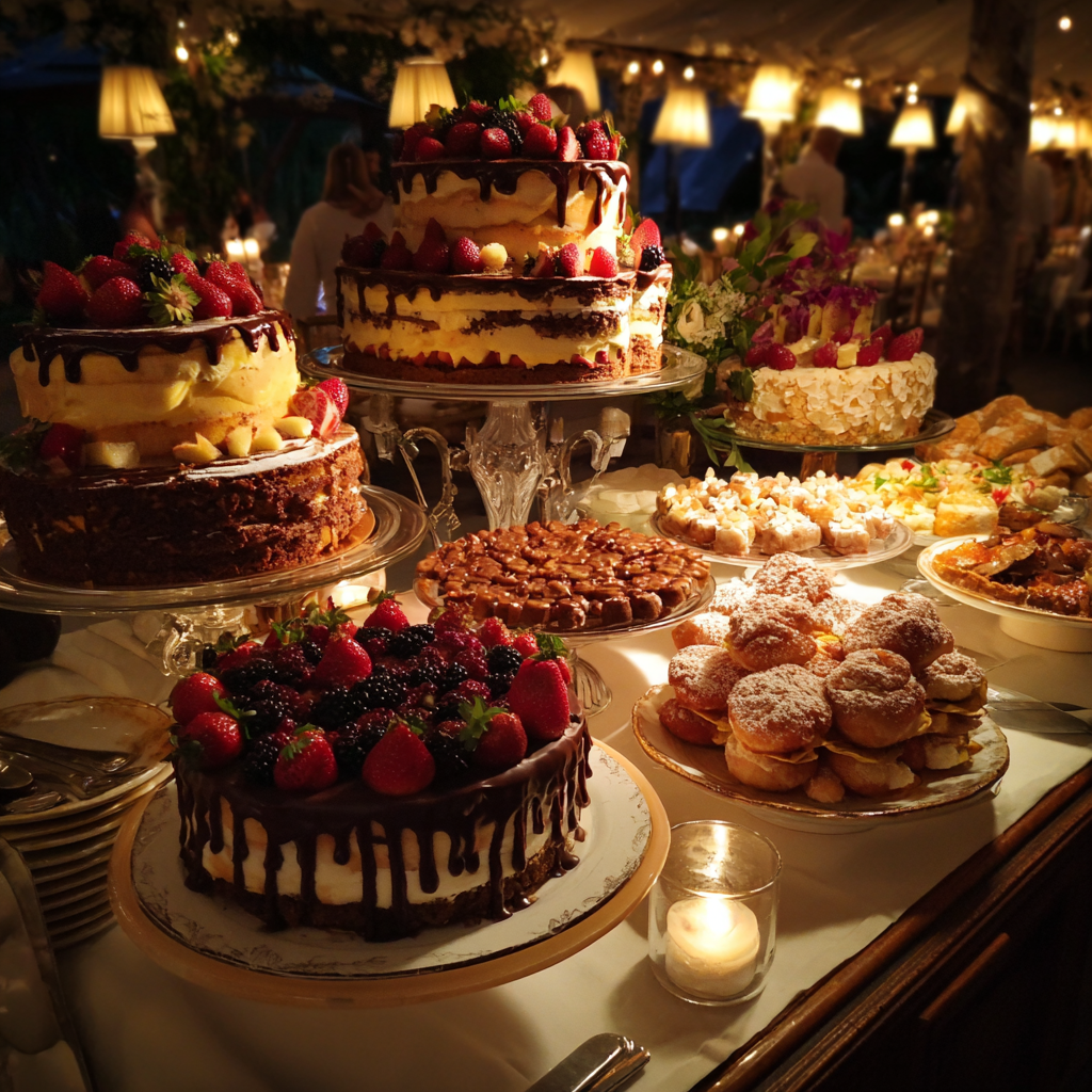 Una mesa de postres en un banquete de boda | Fuente: Midjourney