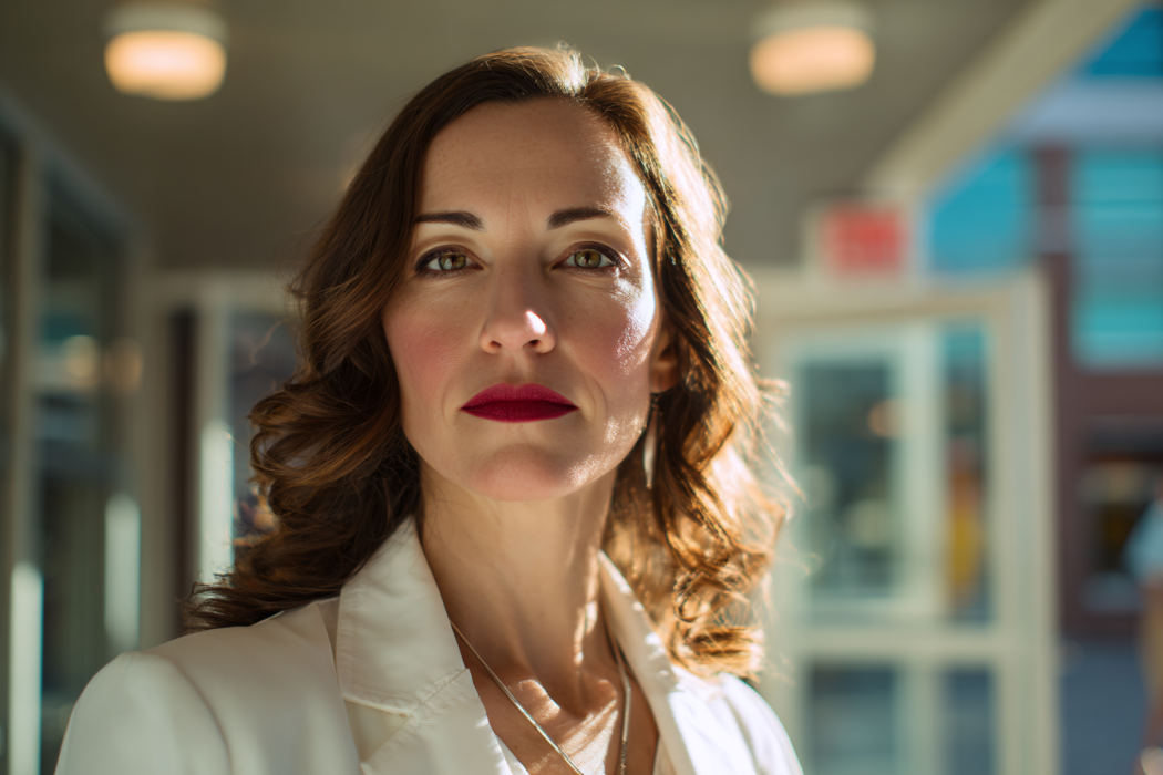 Primer plano de una mujer con chaqueta blanca cerca de la cafetería de un hospital | Fuente: Midjourney