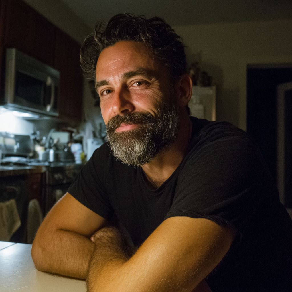 Un hombre sonriente sentado a la mesa de la cocina | Fuente: Midjourney