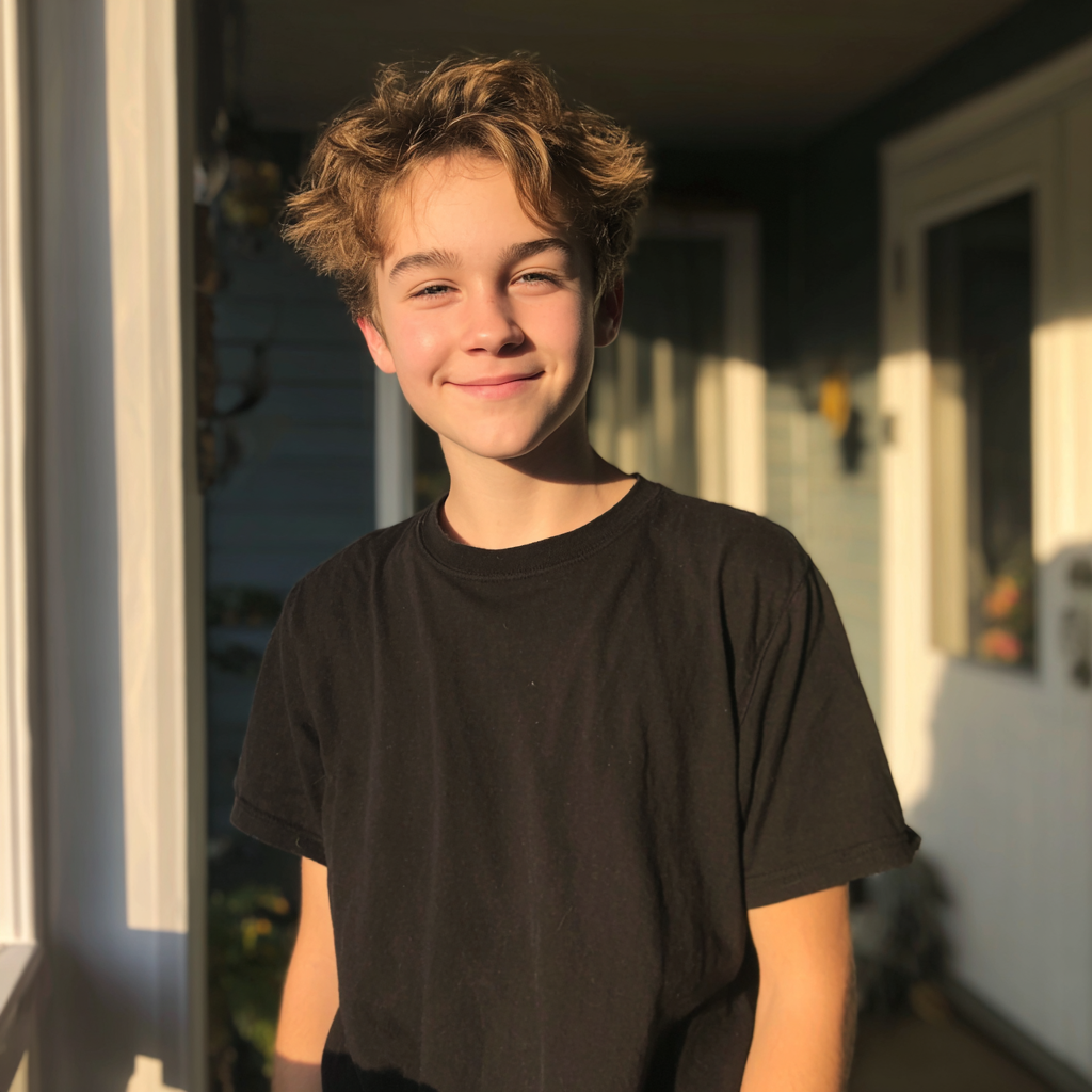 Un adolescente sonriente de pie en un porche | Fuente: Midjourney