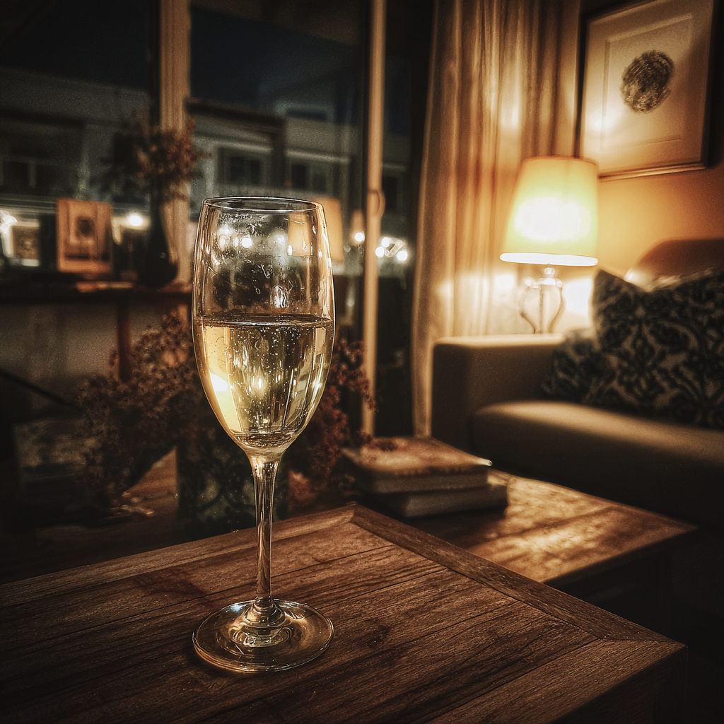 Una copa de Prosecco sobre una mesa | Fuente: Midjourney