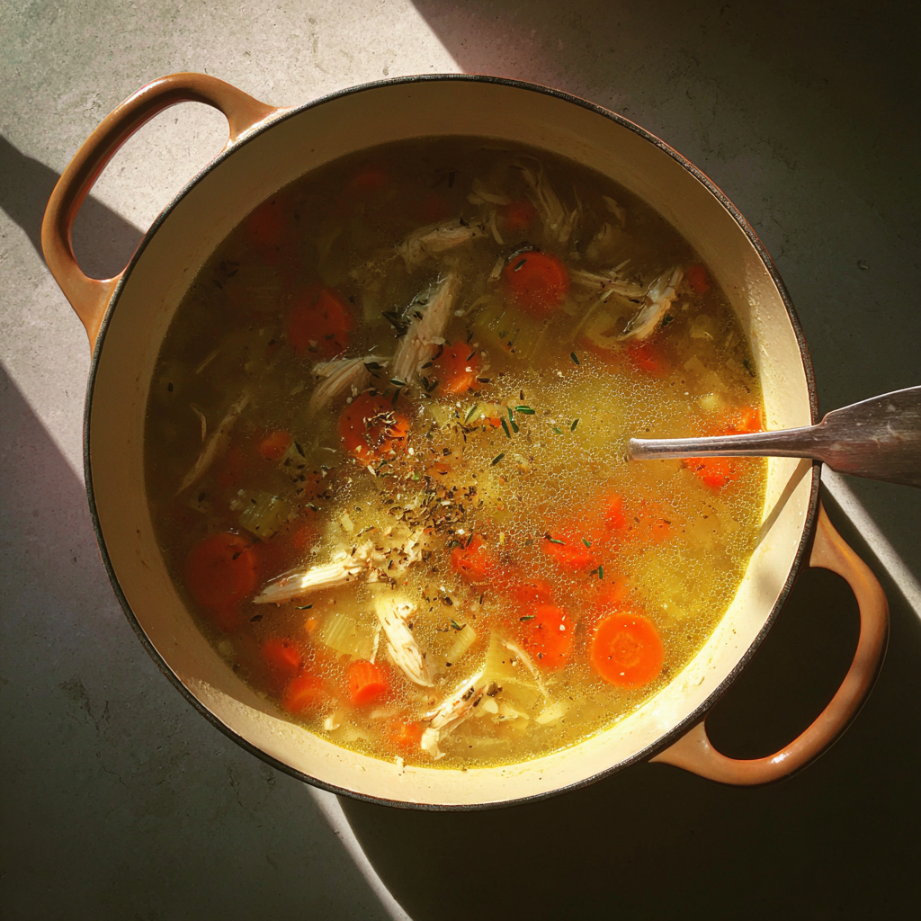 Una olla de sopa de pollo | Fuente: Midjourney