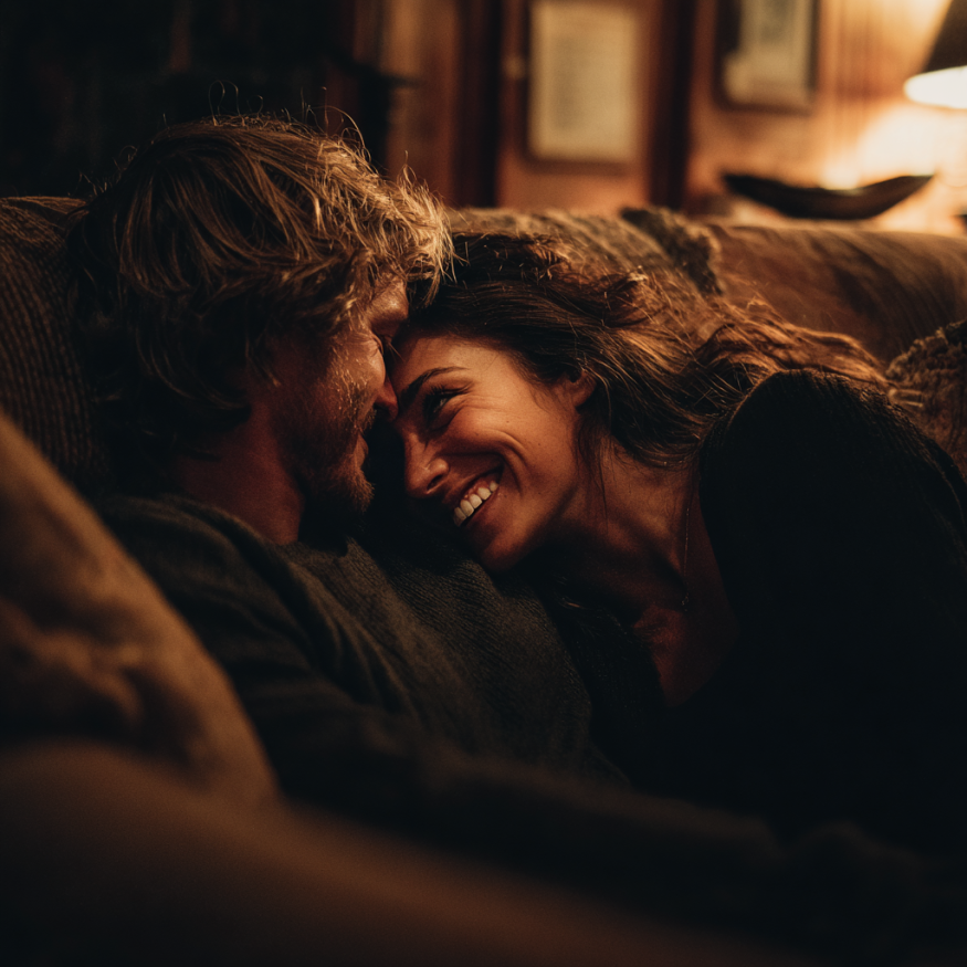 Una pareja riendo en un sofá | Fuente: Midjourney