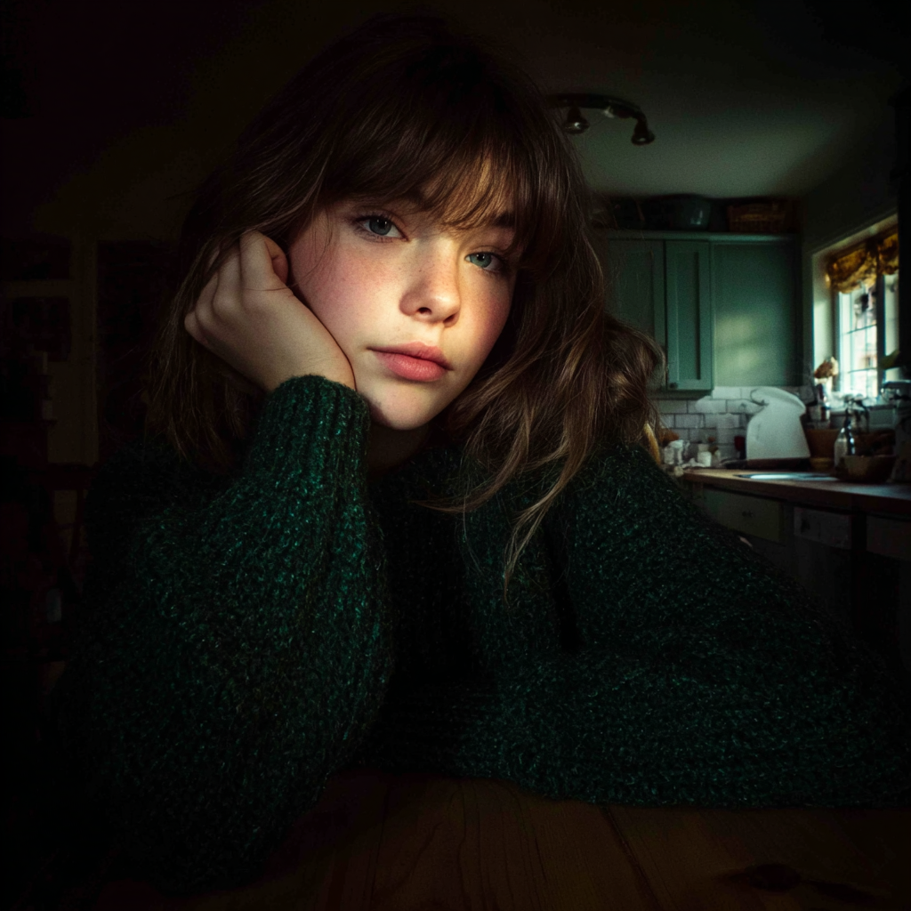 Una adolescente sentada a la mesa de la cocina | Fuente: Midjourney