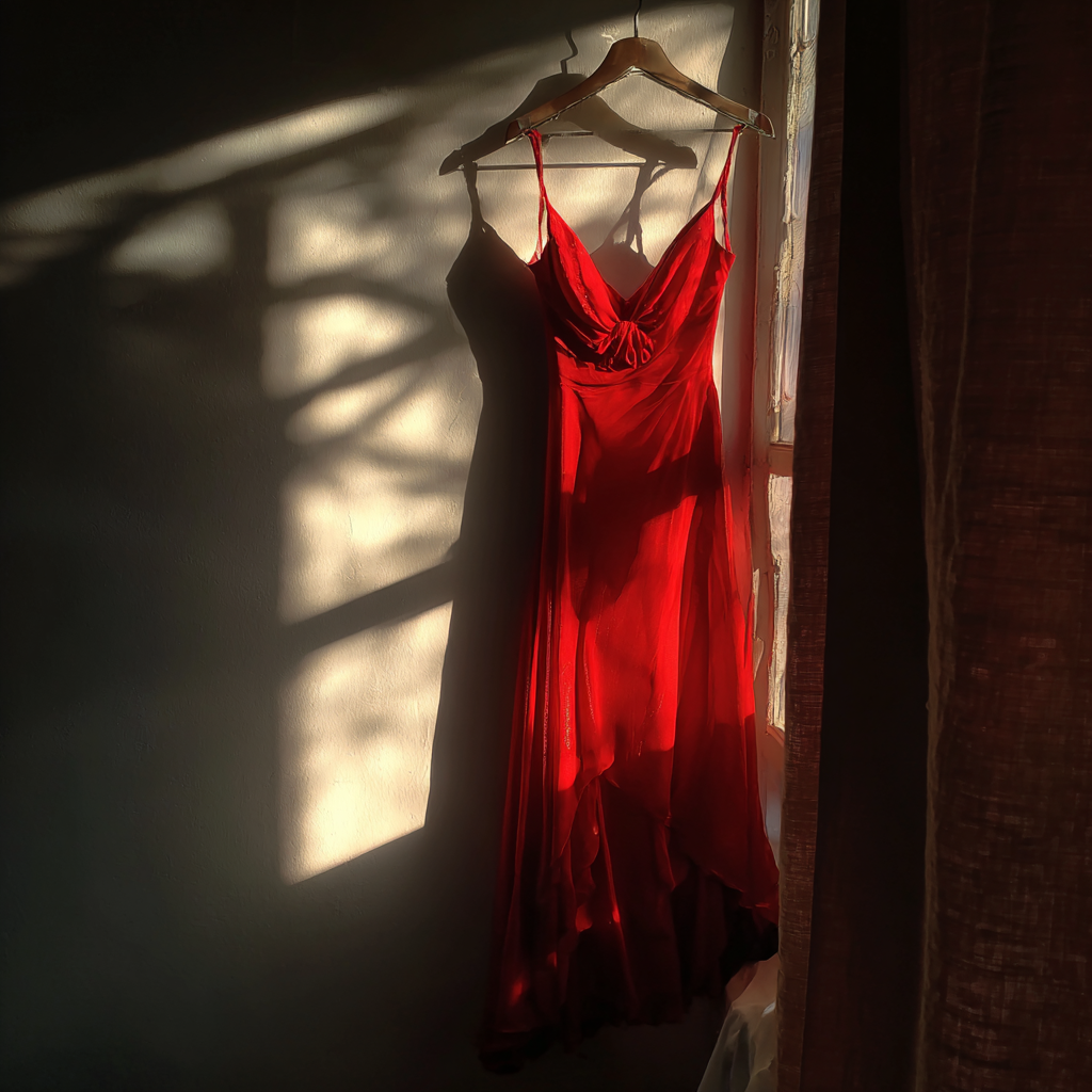 Un vestido rojo colgado de una percha | Fuente: Midjourney