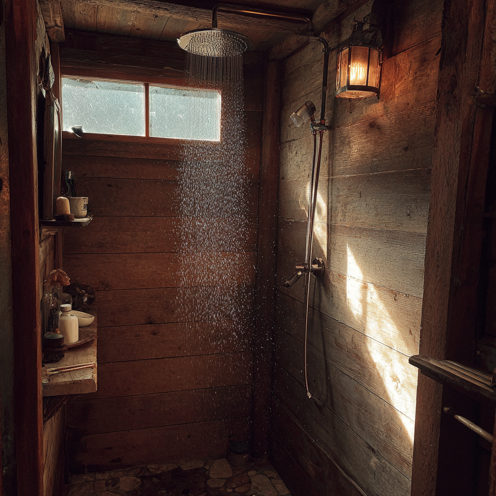 Una ducha en una acogedora cabaña de madera | Fuente: Midjourney
