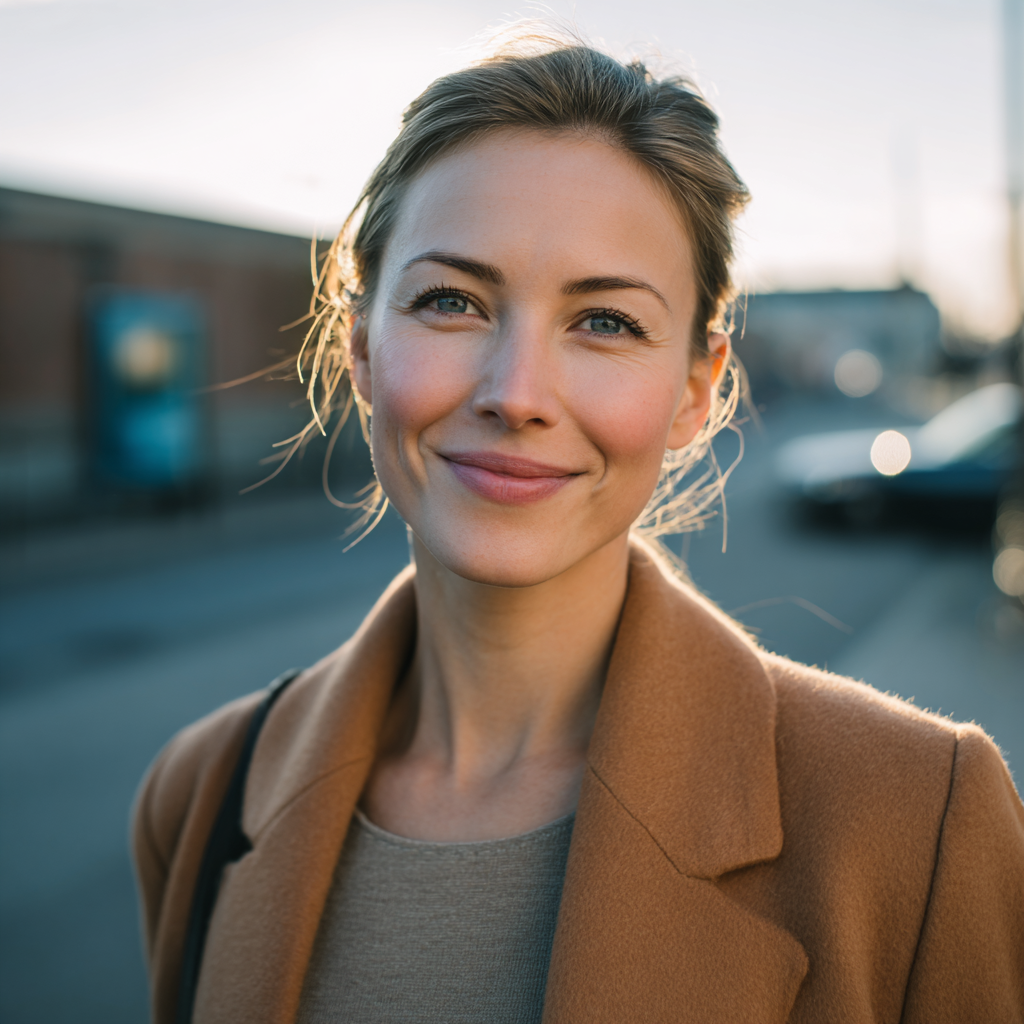 Una mujer sonriente con un abrigo naranja | Fuente: Midjourney