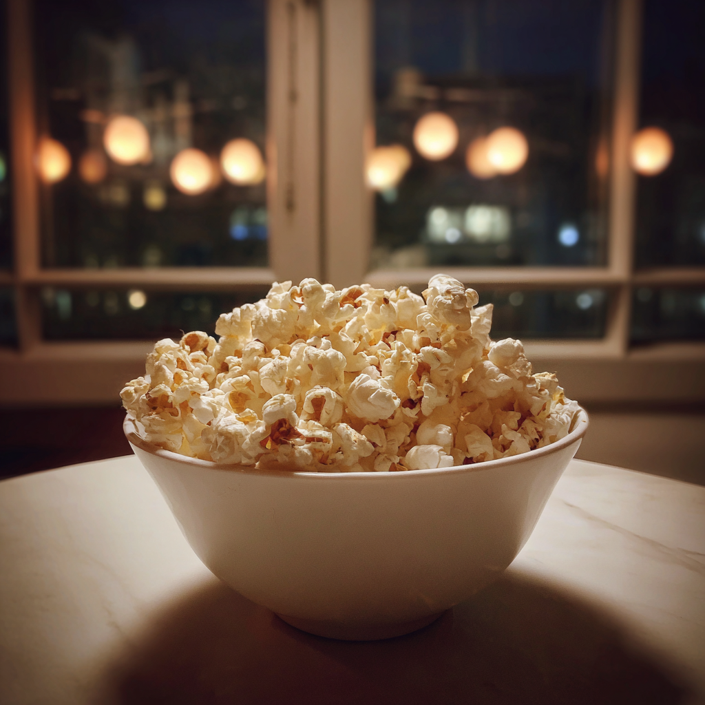 Un bol de palomitas sobre una mesita | Fuente: Midjourney