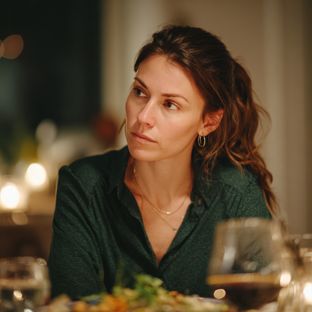 Una mujer pensativa sentada a la mesa | Fuente: Midjourney