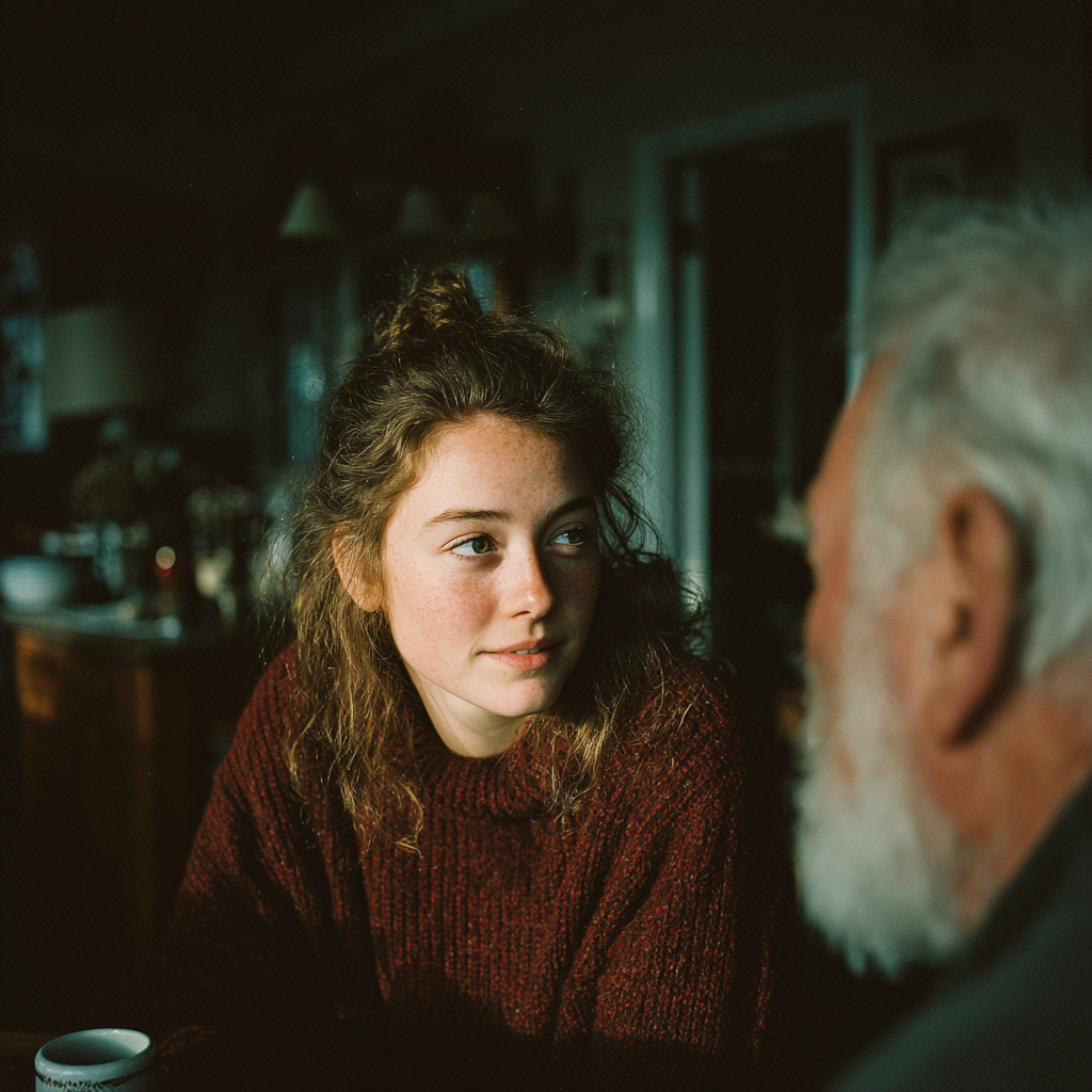 Una nieta escuchando las historias de su abuelo | Fuente: Midjourney