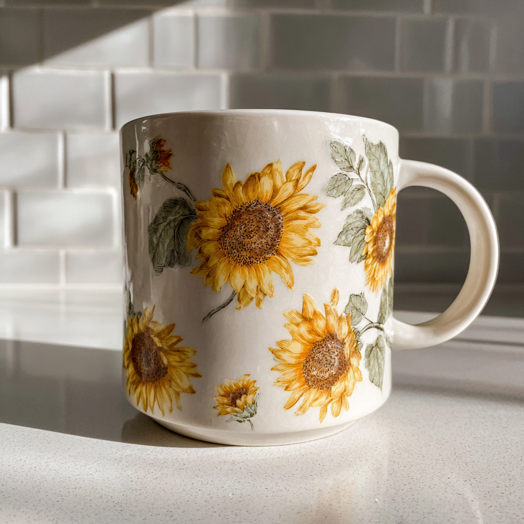 Una taza blanca con girasoles | Fuente: Midjourney