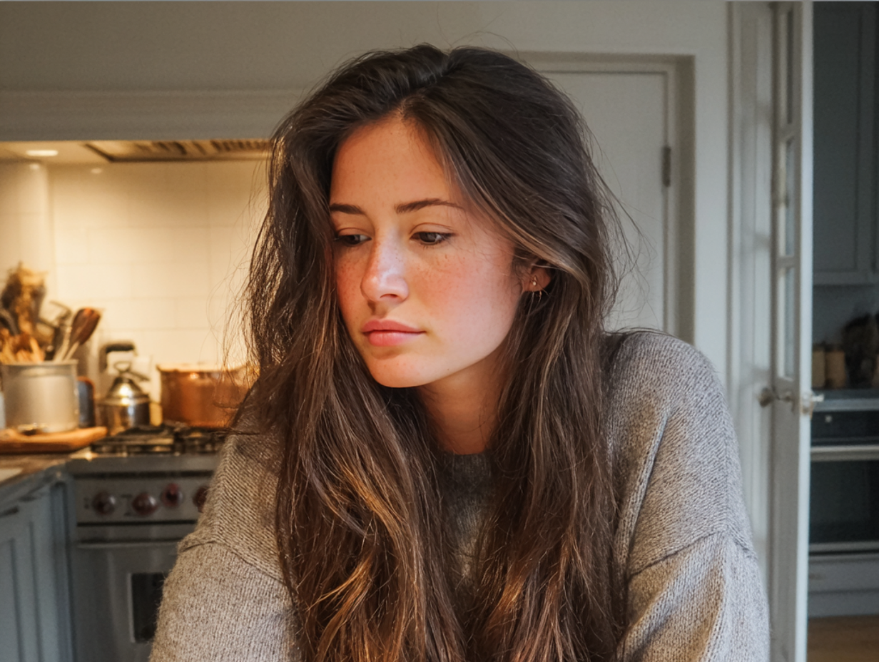 Una mujer sentada a la mesa de la cocina | Fuente: Midjourney