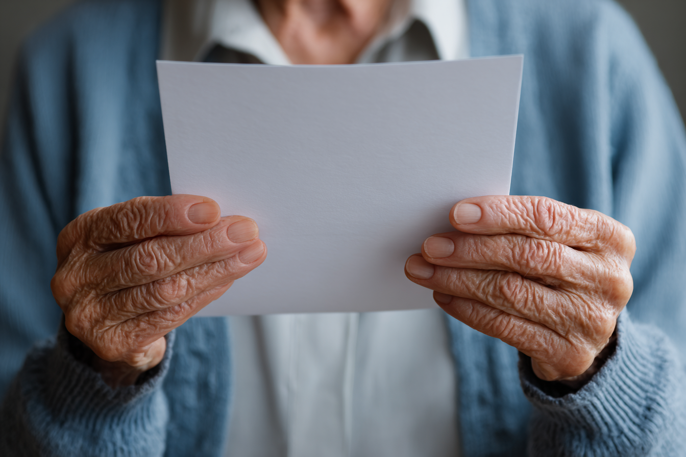 Una anciana con un papel en la mano | Fuente: Midjourney