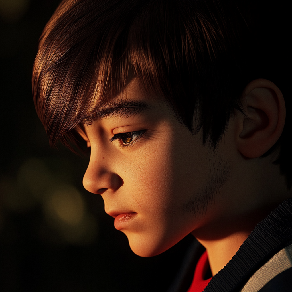 Primer plano de un niño triste y ensimismado | Fuente: Midjourney