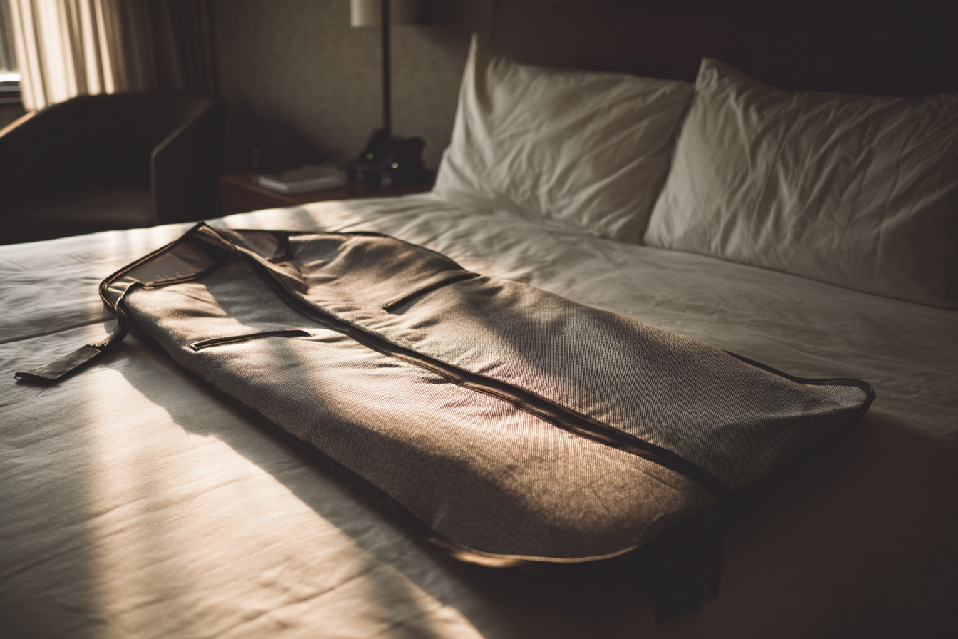 Una bolsa de ropa tendida en una cama | Fuente: Midjourney
