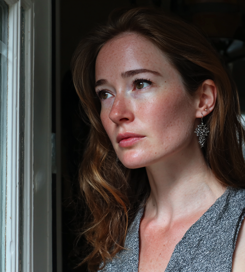 Una mujer pensativa en el umbral de una puerta | Fuente: Midjourney