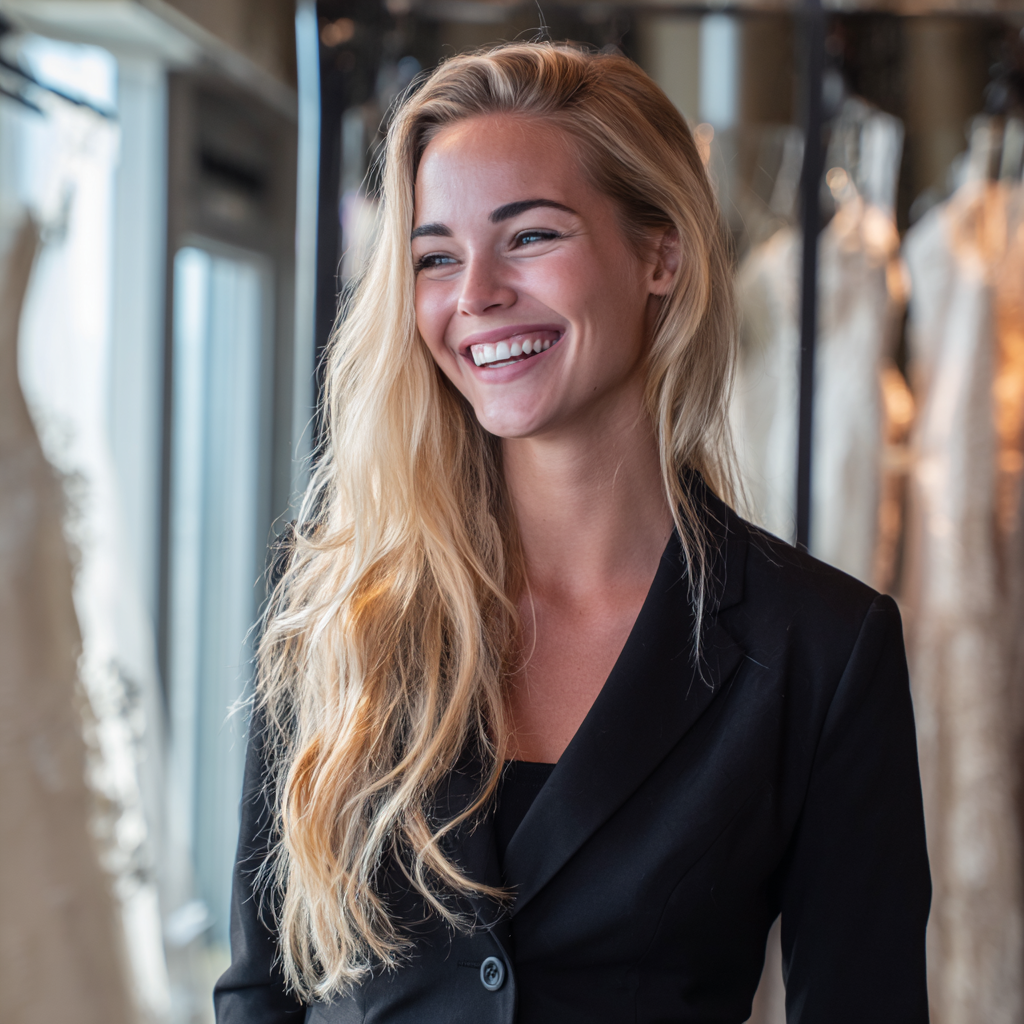 Una mujer rubia divertida | Fuente: Midjourney