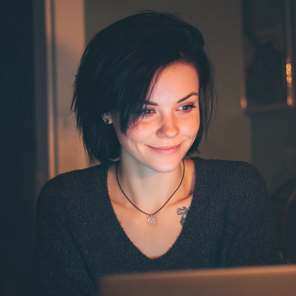 Una mujer sonriente utilizando su ordenador portátil | Fuente: Midjourney