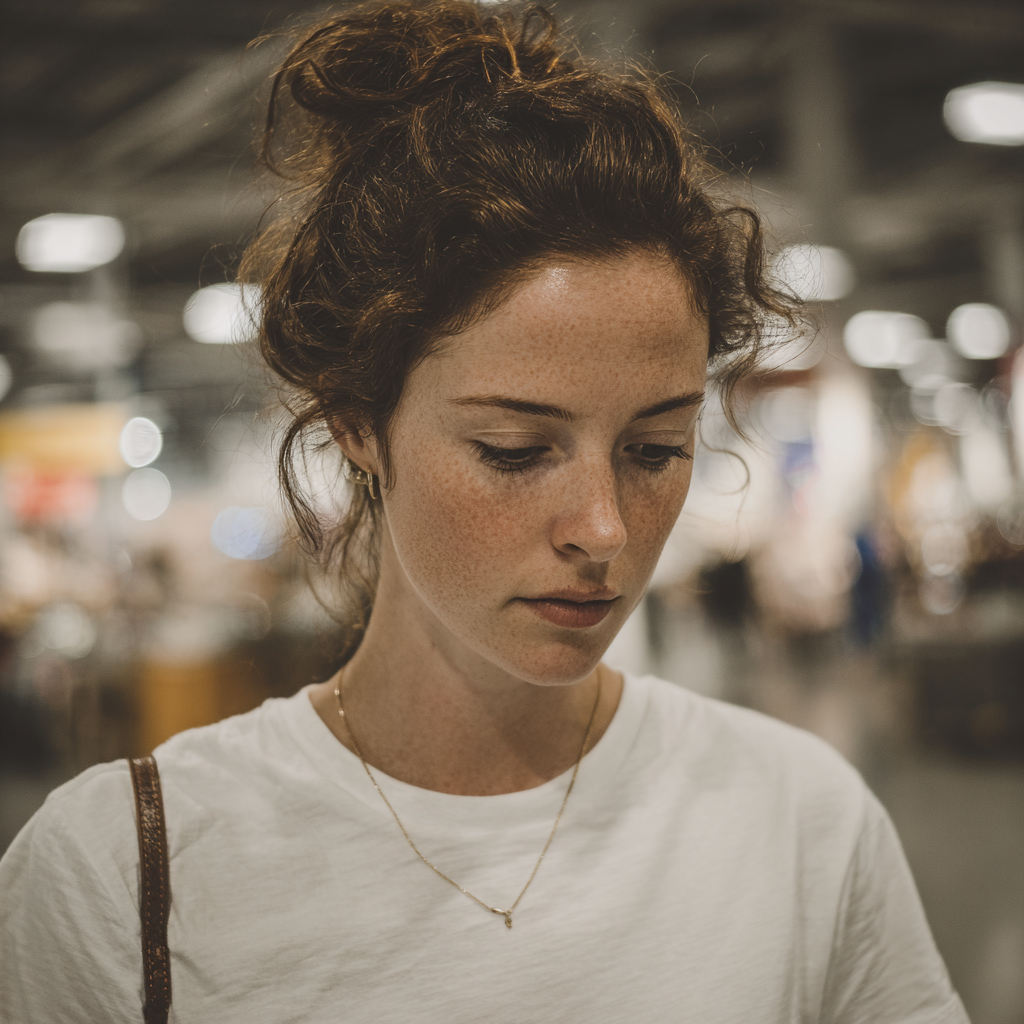 Una mujer disgustada mirando al suelo | Fuente: Midjourney