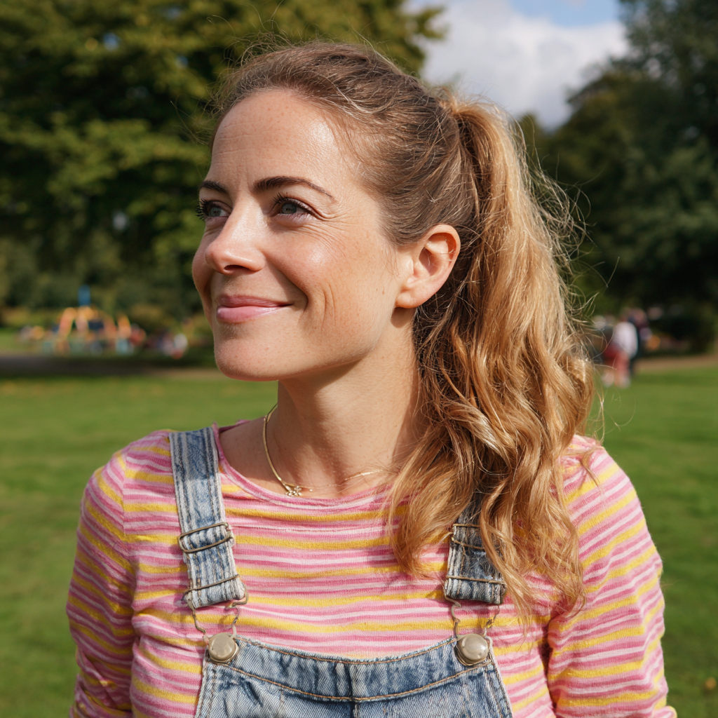 Una mujer sonriente de pie en un parque | Fuente: Midjourney